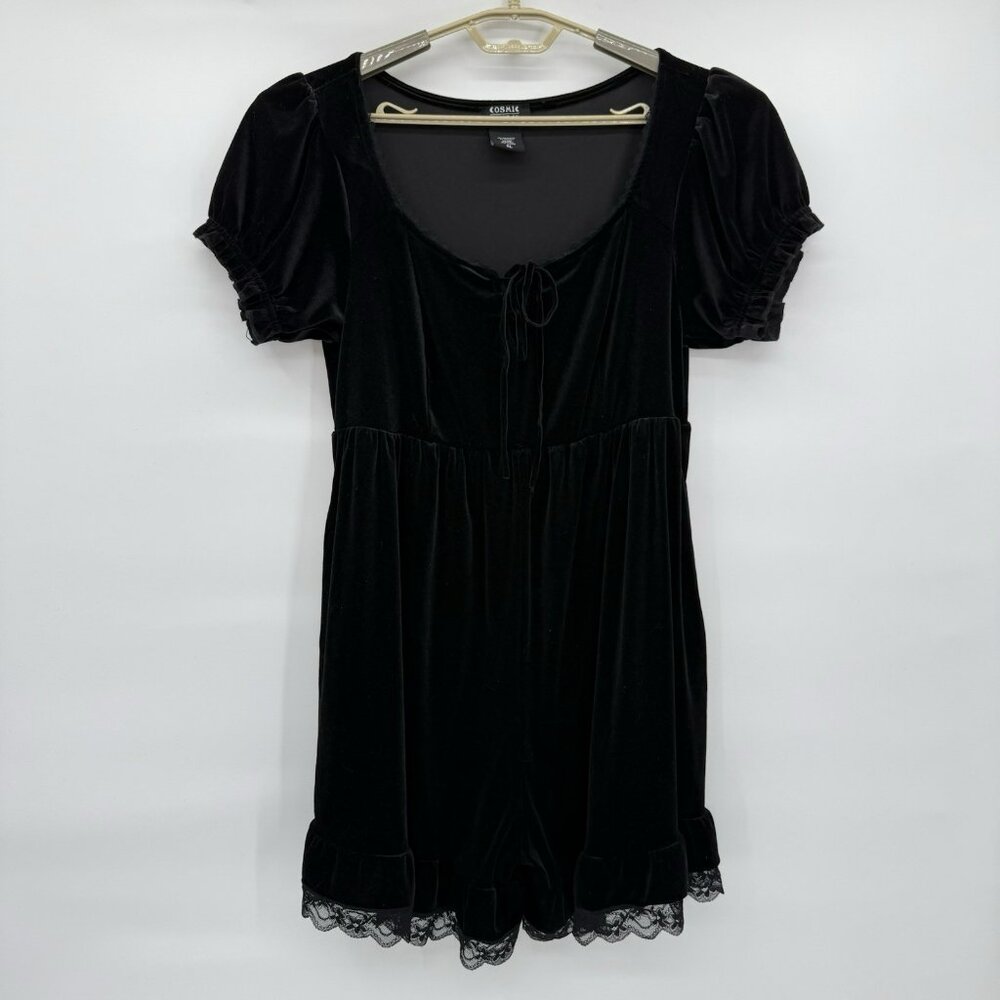 Cosmic Aura Black Velvet Lace Trim Romper XL Whimsigoth Goth Emo - Picture 2 of 6